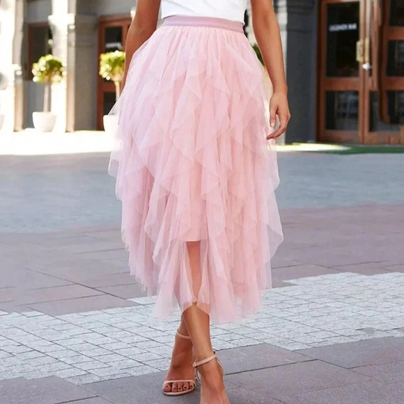 Dresses & Skirts - Dusty Pink Elegant Women's Layered Hem Mesh Overlay Skirt